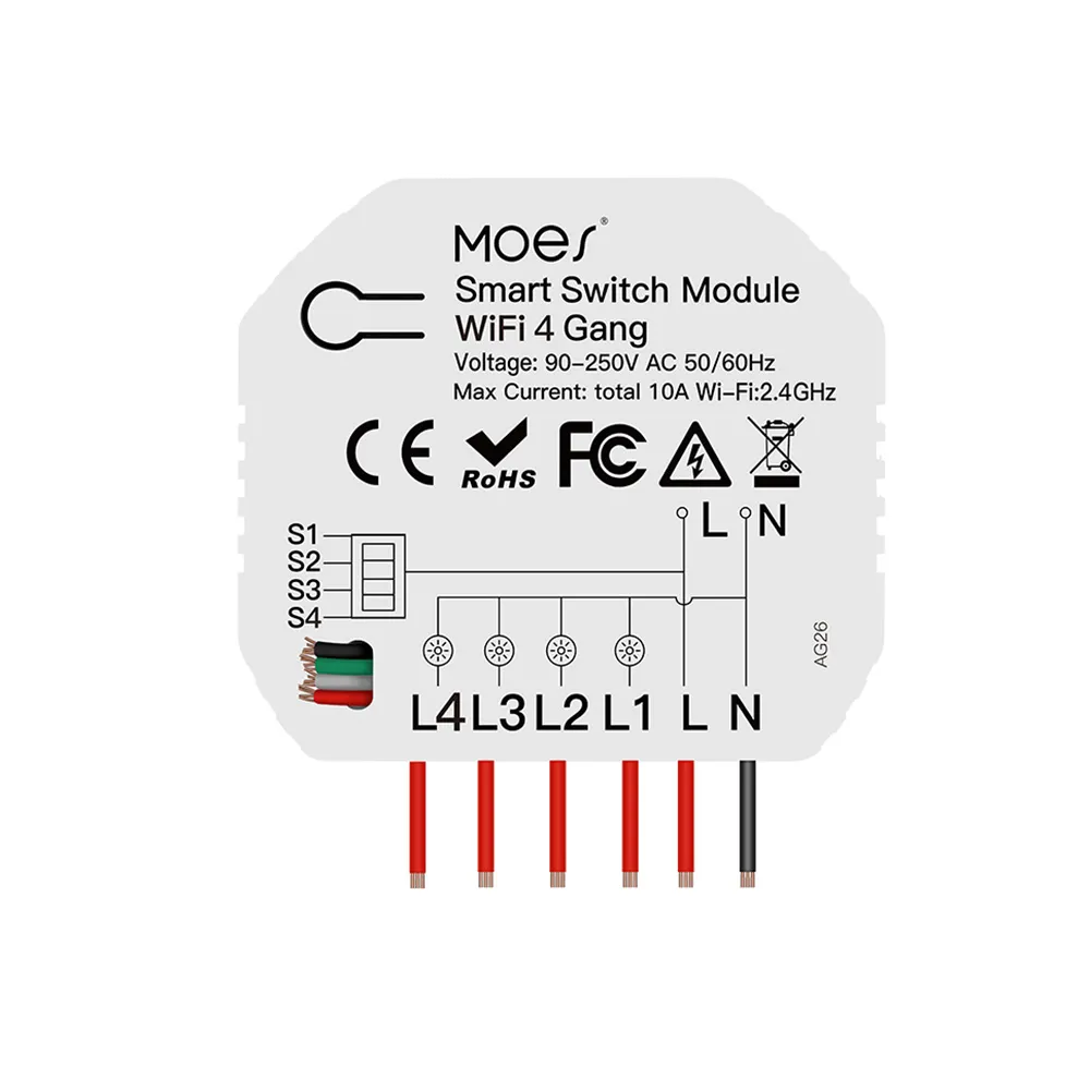 [MS-104D] 4 Gang WiFi RF433 Smart Light Switch Module 1/2way MOES for Push Rocker Switch Socket, Tuya Smartlife APP Remote Control