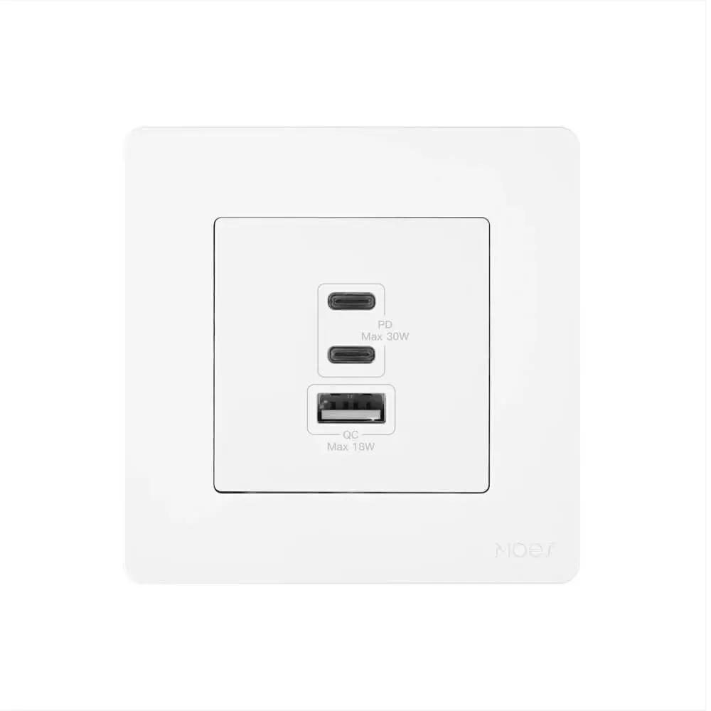 [TK-SR-EU-2C1A-30-WH] Star Ring 30W/65W Fast Charging PD3.0 Wall Electrical Outlet Charger GaN Socket 3 Ports Type C USB A (White, 30W)