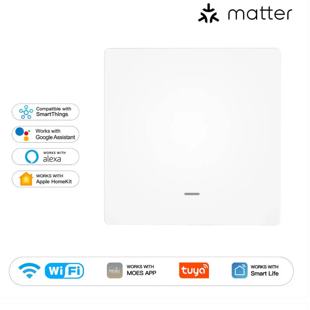[MWS-B-EU1-WH] Matter WiFi Smart Push Button Light Switch – App Control, Neutral Wire Required, EU Version  (White, 1Gang)