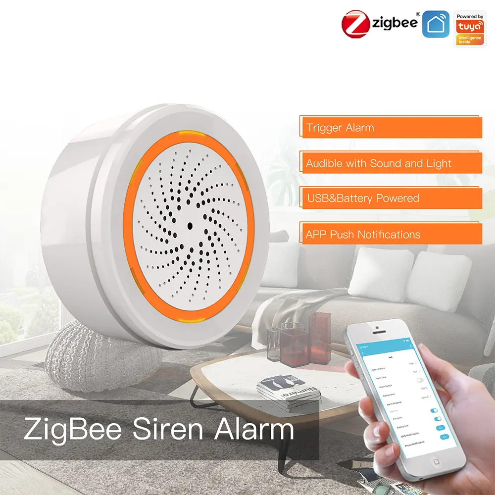 Tuya ZigBee Smart Sound and Light Siren Sensor 90dB Smart Life Siren Home Security System Tuya Gateway Hub, Used With Alexa