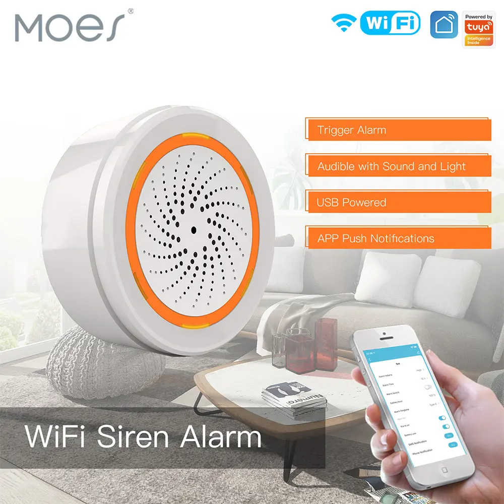 Tuya WiFi Smart Siren Sensor 90dB Sound Light Alarm Sensor Smart Life Siren Audible Alarm No Hub Required