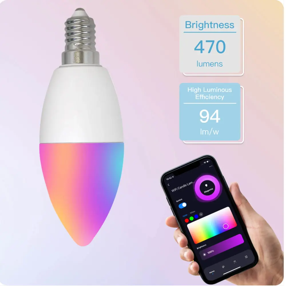 WiFi Smart E14 6W/ E12 5W Candle LED Light Candelabra Bulb RGBCCT 2700-6500K Alexa Google Voice Control 