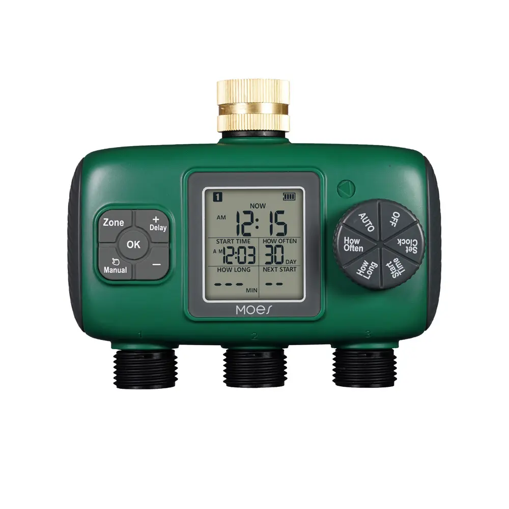 3-Outlet Water Timer Brass Inlet IPX5 Waterproof Knob Button Automatic Irrigation LCD Display Screen Garden Sprinkler