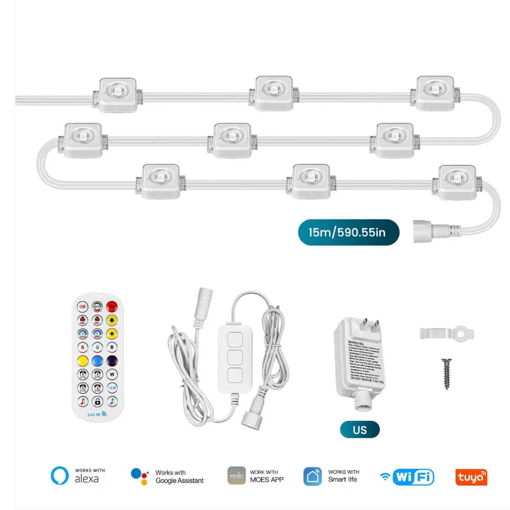 [WPL-CL01-RIC-EU-15] أضواء LED ذكية تعمل بتقنية الواي فاي بتصميم جداري خارجي، مقاومة للماء بمعيار IP67، بطول 16  مترًا وألوان RGB متعددة. (الطول 15  متر، يحتوي على 30  لمبة.)