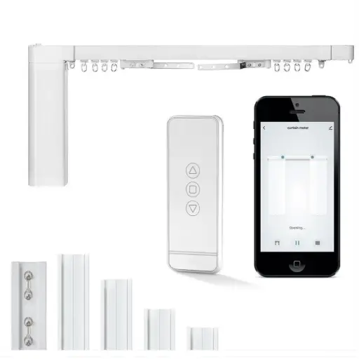 نظام ذكي لقضبان الستائر الكهربائية يعمل بتقنية الواي فاي مزوّد بمحرك "تويا" وقضبان قابلة للتجميع يدويًا، مع جهاز تحكم عن بُعد بتقنية RF لراحة أكبر في التحكم بالستائر.