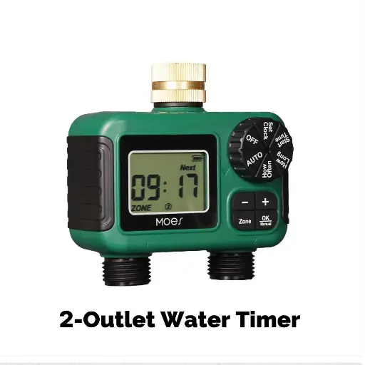 [TWV-SGW06-US-GN] Water Timer For Garden Hose Drip Irrigation 2-Outlet Brass Inlet IPX5 Waterproof US Version 