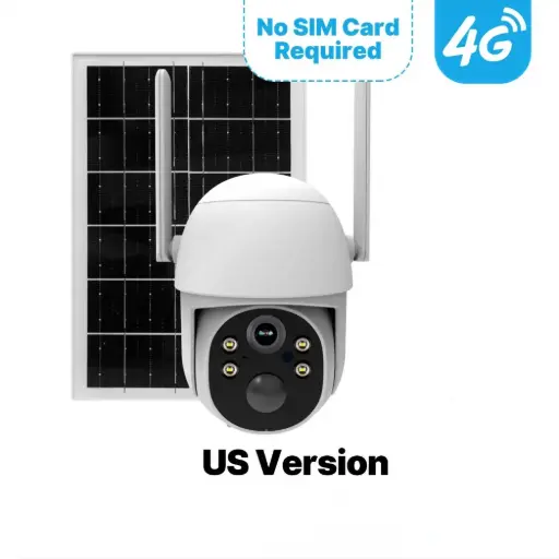 [4GCM-S52-US] كاميرا مراقبة خارجية تعمل بالطاقة الشمسية 4G، بطارية 7800 مللي أمبير + لوحة شمسية 7 واط، مقاومة للماء IP65، دوران 360°، لا تحتاج إلى شريحة – النسخة الأمريكية