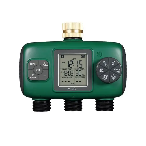 [TWV-YZD03-US-GN] 3-Outlet Water Timer Brass Inlet IPX5 Waterproof Knob Button Automatic Irrigation LCD Display Screen Garden Sprinkler