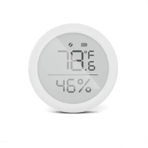 مستشعر ذكي لدرجة الحرارة والرطوبة يعمل بتقنية زيجبي، يقيس الظروف البيئية الداخلية بدقة مثل ميزان الحرارة والرطوبة.